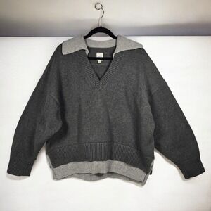 Maeve Gray Two Tone Collared V Neck Oversized Heavy Knit Sweater Women Large